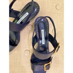 Manolo Blahnik Navy Leather Slingback Sandals with Gold Buckle